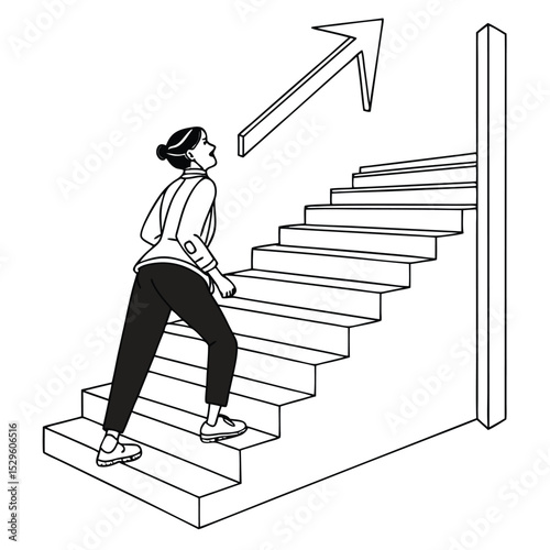 Ascending Toward Ambition: An individual confidently climbs a staircase towards an upward-pointing arrow, symbolizing their pursuit of personal or professional growth and development.