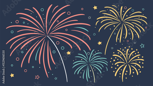 Celebration Fireworks: Festive fireworks display in pastel colors, stars, and circles on a dark background. Perfect for celebrations, events, and holidays.