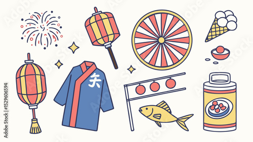 Summer Festival Collection: A whimsical collection of cultural icons representing the lively atmosphere and traditions of a summer festival, capturing the spirit of celebration.