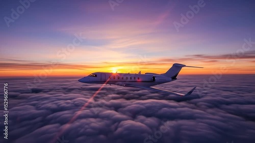 Flying Above Clouds on Private Jet During Sunset Aerial View