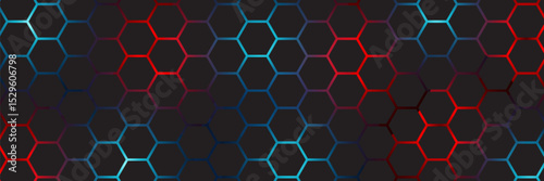 Abstract dark hexagon pattern on red neon background technology style. Modern futuristic geometric shape web banner design. You can use for cover template, poster, flyer, print ad. Vector illustration