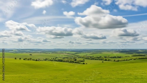 Rolling Green Hills Under a Cloudy Blue Sky Scenic View