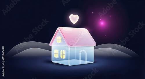 Glass house with pink roof representing love and family in a dreamlike atmosp...