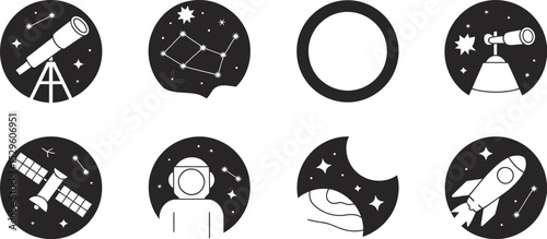 Space exploration icons set vector astronomy galaxy planets astronaut telescope rocket satellite stars cosmos editable stock vector illustration