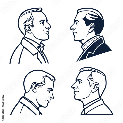 Four stylized profile portraits of men, showcasing diverse hairstyles and formal attire, depicted in a minimalist line art style.