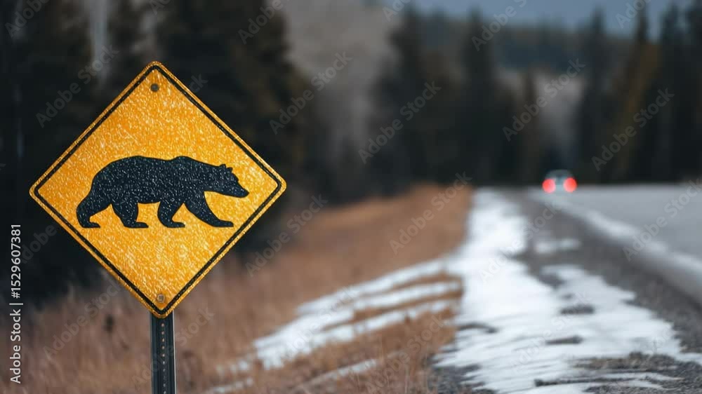 Wildlife crossing sign warns drivers of bear activity on rural road in winter