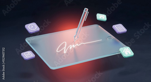 Stylus pen signing electronic document on tablet with icons floating around