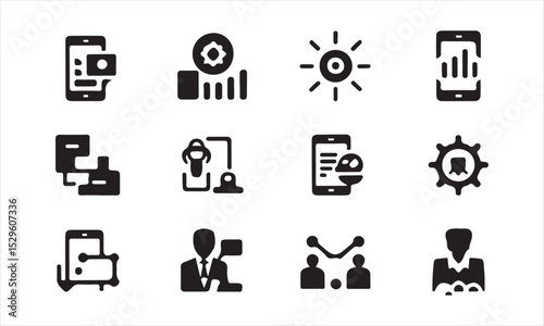 Collection of Flat Design Icons Representing Mobile App Features and Business Processes vector art on white