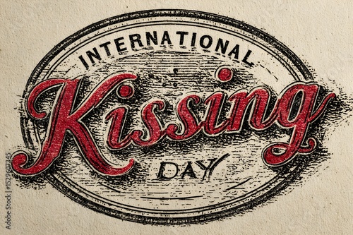 Vintage-style typography design featuring International Kissing Day text with red cursive lettering on an aged textured background, evoking nostalgia and celebration of love.