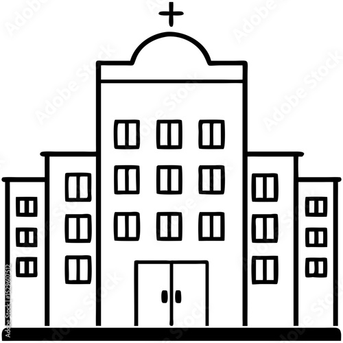 Hospital building with cross symbol in minimalist line art style  