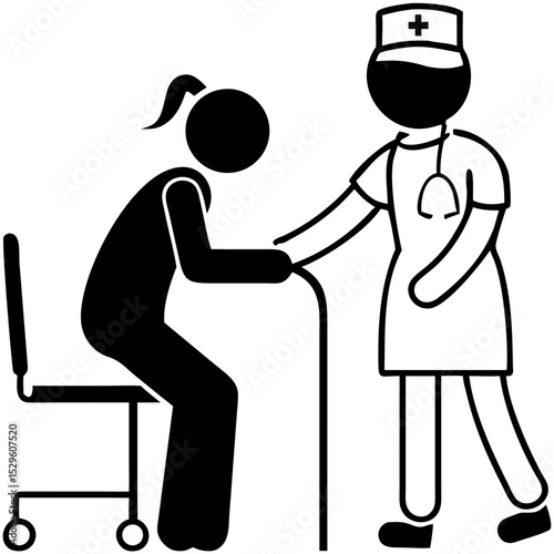 Nurse assisting elderly woman with a cane in a medical setting  