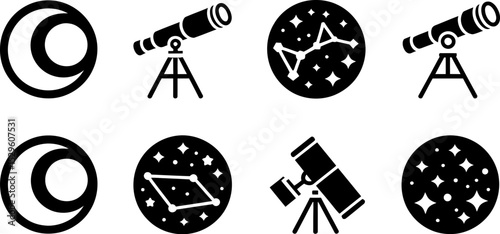 Astronomy icons set telescope stars moon constellations space exploration science vector graphic design editable stock vector illustration