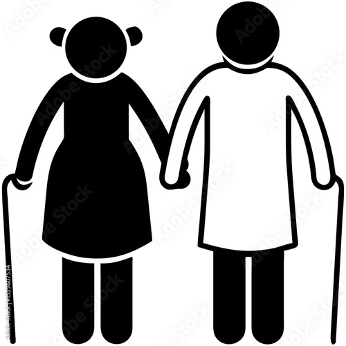 Elderly couple holding hands while using walking canes illustration  