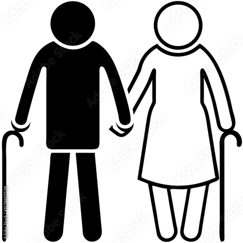 Elderly couple holding hands while using walking canes in icon style  