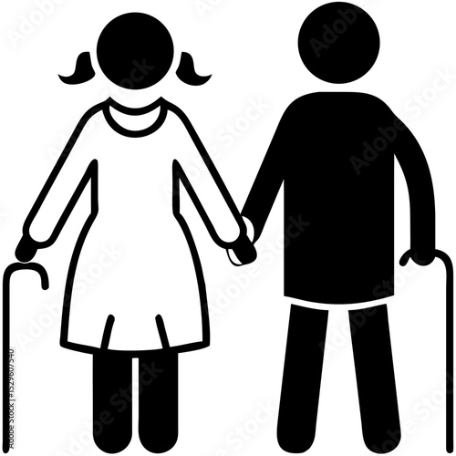 Elderly couple holding hands with canes in simple icon style  