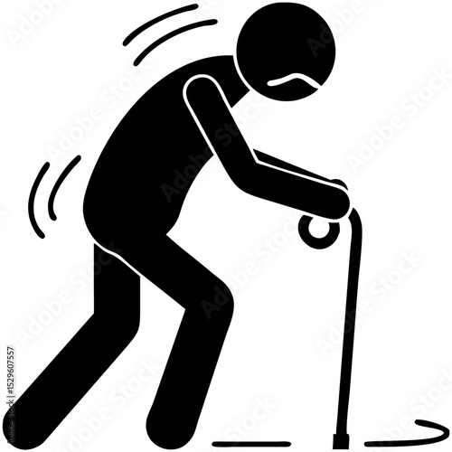 Abstract figure of an elderly person walking with cane in distress concept of icon  