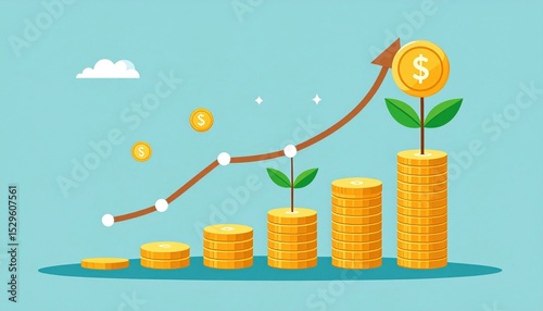 Financial Growth Illustration With Stacked Coins And Arrow Graph