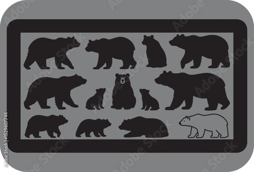 A Collection of Bear Silhouettes Displayed on a Gray Background with a Black and Gray Border Featuring Various Poses and Sizes of Bear Illustrations