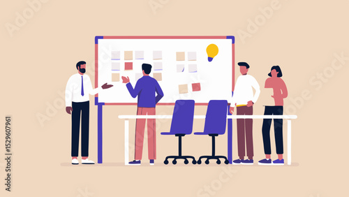 Brainstorming session with diverse team members using sticky notes and a whiteboard to generate new ideas and solve problems together