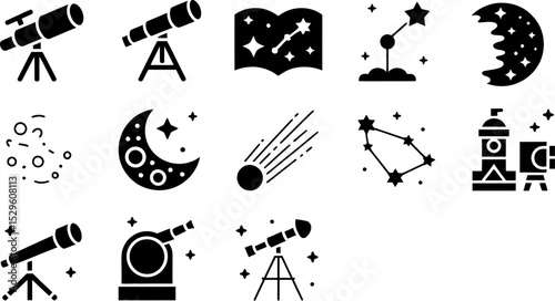 Astronomy science telescope stars planets constellation space exploration vector icons set for education 100 editable stock vector illustration