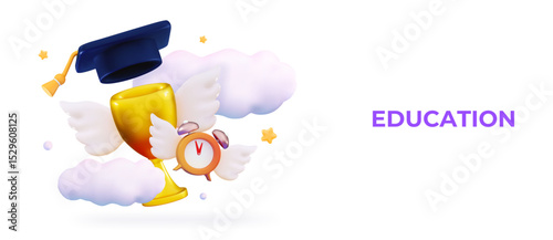 3d Education concept Graduation hat over golden trophy Study learning back to school Study award, achievement in education