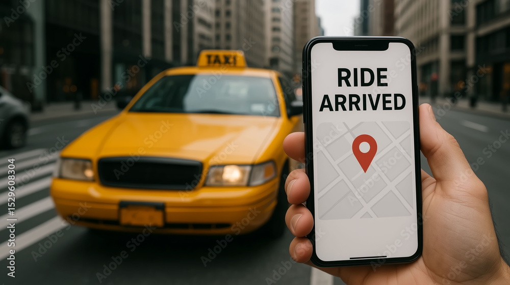 Naklejka premium Ride arrived on mobile phone taxi booking application with cab taxi on background concept for order taxi service in urban city transportation
