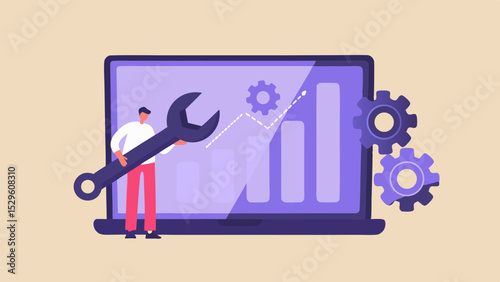 Technical SEO and Website Optimization for Improved Performance Man Holding Wrench Gears and Chart on Laptop Screen Vector Illustration