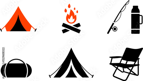 Camping equipment vector icons set outdoor adventure gear tent fishing bonfire chair duffel flask isolated editable stock vector illustration