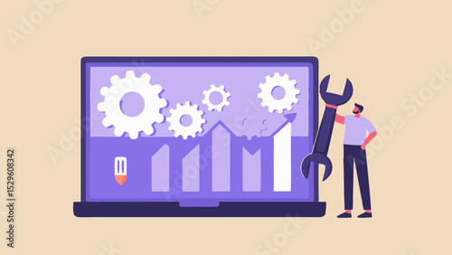 System Optimization and Technical Support Man with Wrench Laptop with Gears and Graph Business Development and Problem Solving Illustration