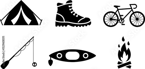 Camping hiking fishing biking kayaking bonfire outdoor adventure equipment vector icons symbol graphics editable stock vector illustration