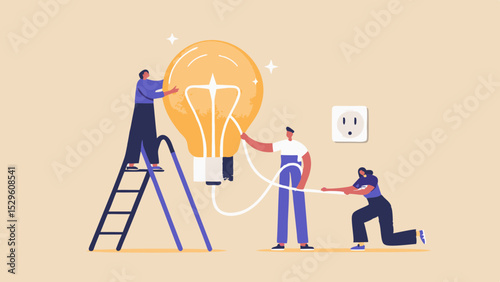 Teamwork and Innovation People Collaborating to Plug in a Giant Light Bulb for a Bright Idea Achieving Success Together