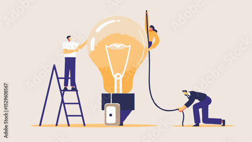 Teamwork on Big Idea Business People Collaborating to Power Up a Giant Light Bulb for Innovation and Problem Solving