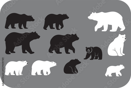 A Collection of Bear Silhouettes in Black and White on a Gray Background Featuring Walking Sitting and Standing Poses of Adult Bears and a Cub