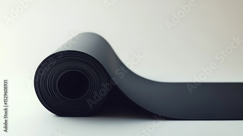 A notion of flexible component with sleek texture is shown by the rolling black neoprene rubber sheets over stark white setting, Generative AI.