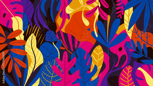 A vibrant digital illustration of tropical foliage with a dynamic color palette