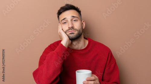 Fatigue symptoms and weakness in a man holding coffee indoor setting emotional context tired appearance
