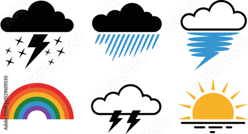 Weather forecast icons set clouds sun rainbow rain lightning storm vector illustration graphic design 100 editable stock vector illustration