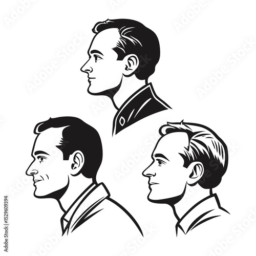 Three profile views of men's heads, showcasing different hairstyles and clothing styles in a classic, vintage illustration style.