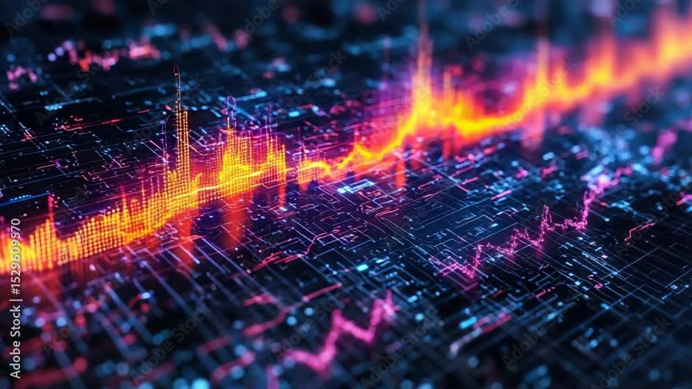 Abstract data visualization.  Complex network of glowing lines and patterns, vibrant colors, charts and graphs
