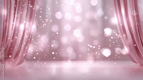 Soft pink background with flowing curtains creates dreamy atmosphere, enhanced by sparkling bokeh lights that add touch of elegance and whimsy
