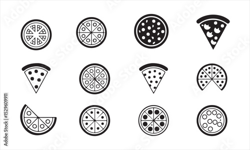 Collection of Black and White Pizza Icons, Simple, clean black and white icons of various pizza styles vector art on white