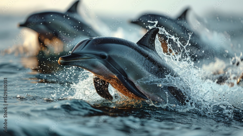 Obraz premium Dolphins leap playfully from sparkling ocean waves, showcasing their grace and energy while embodying the joyful spirit of marine life and the beauty of nature's diversity and freedom.