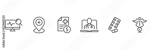 Medical healthcare diagnostic report billing doctor consultation location pharmacy symbol icon vector illustration set design outline.