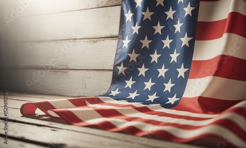 Folded american flag on rustic wood background