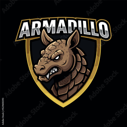 A bold esports logo of a armadillo head within a golden shield