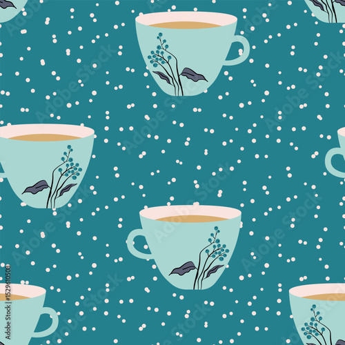 Abstract seamless pattern with color cups. Kitchen doodle background. Design for poster, fabric, textile.
