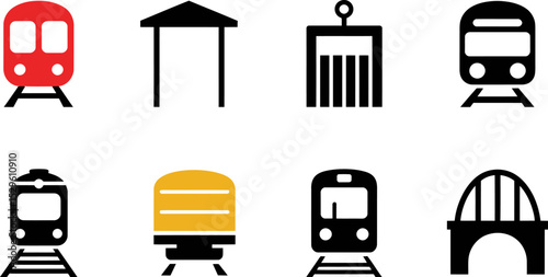 Trains subway metro transportation railway station platform bridge icons vector illustration set art design editable stock vector illustration
