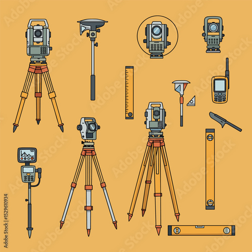 A cartoon-style set of geodetic survey tools