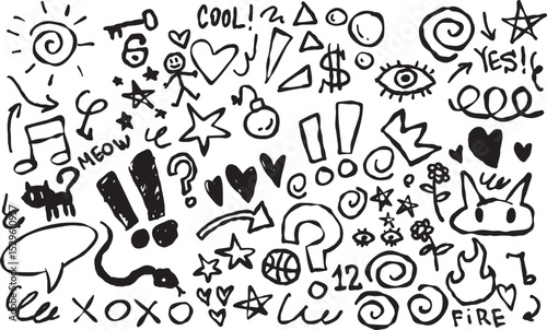Doodle hand drawn illustration with music notes, stars, hearts and fun symbols. Great for design, patterns or stickers.