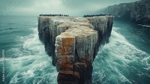 Rocky islet, waves crashing, birds gather